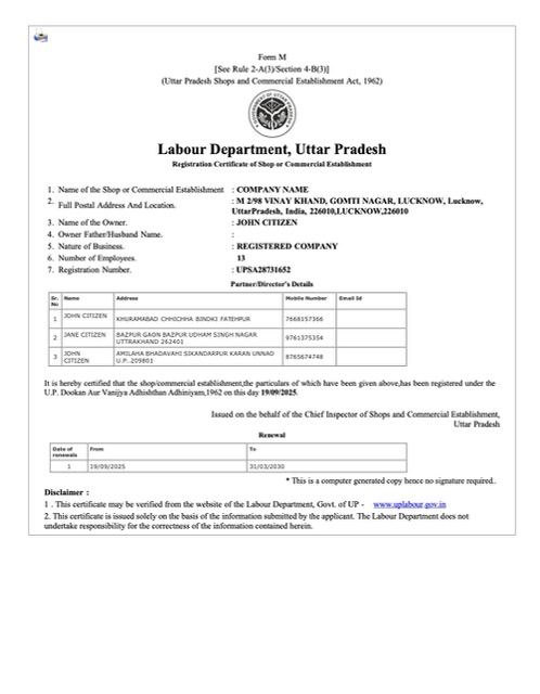 India Uttar Pradesh registration certificate of shop or commercial establishment Word and PDF template